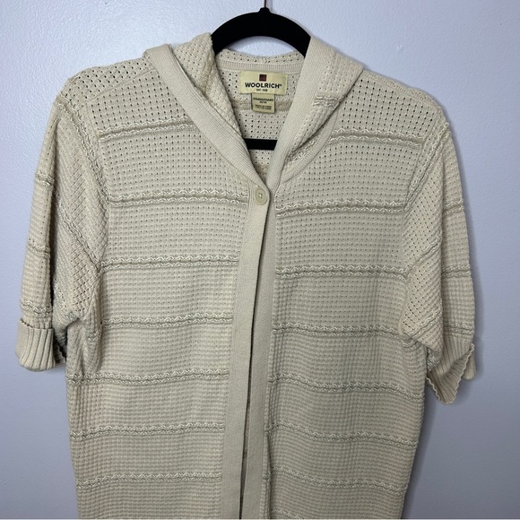 Woolrich Waffle Knit Short Sleeve One Button Hooded Top Medium Beige - Picture 4 of 14